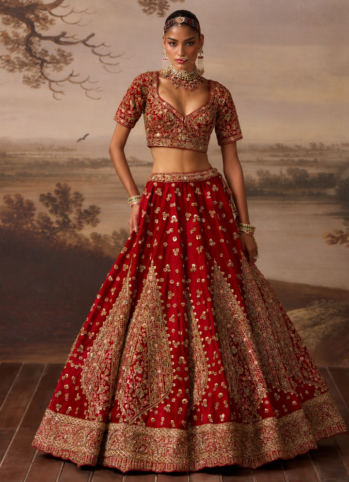 Crimson Red Raw Silk Double Dupatta Lehenga