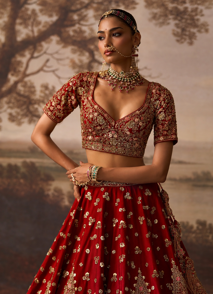 Crimson Red Raw Silk Double Dupatta Lehenga
