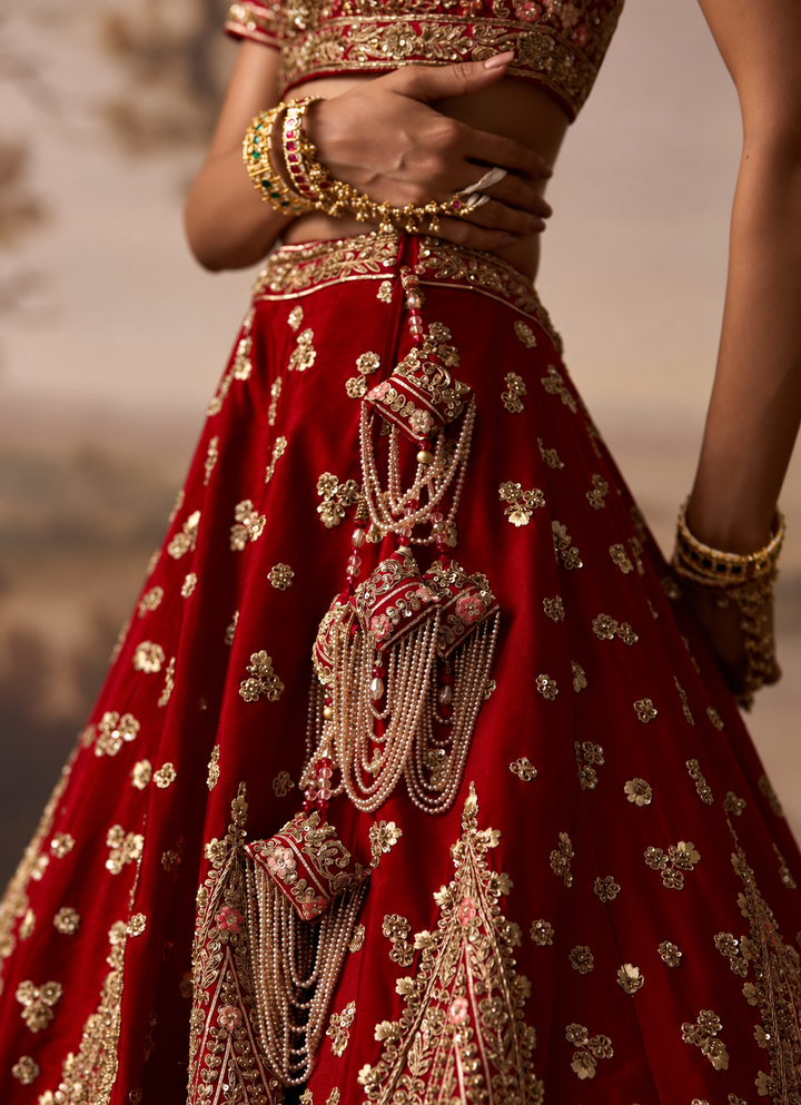 Crimson Red Raw Silk Double Dupatta Lehenga