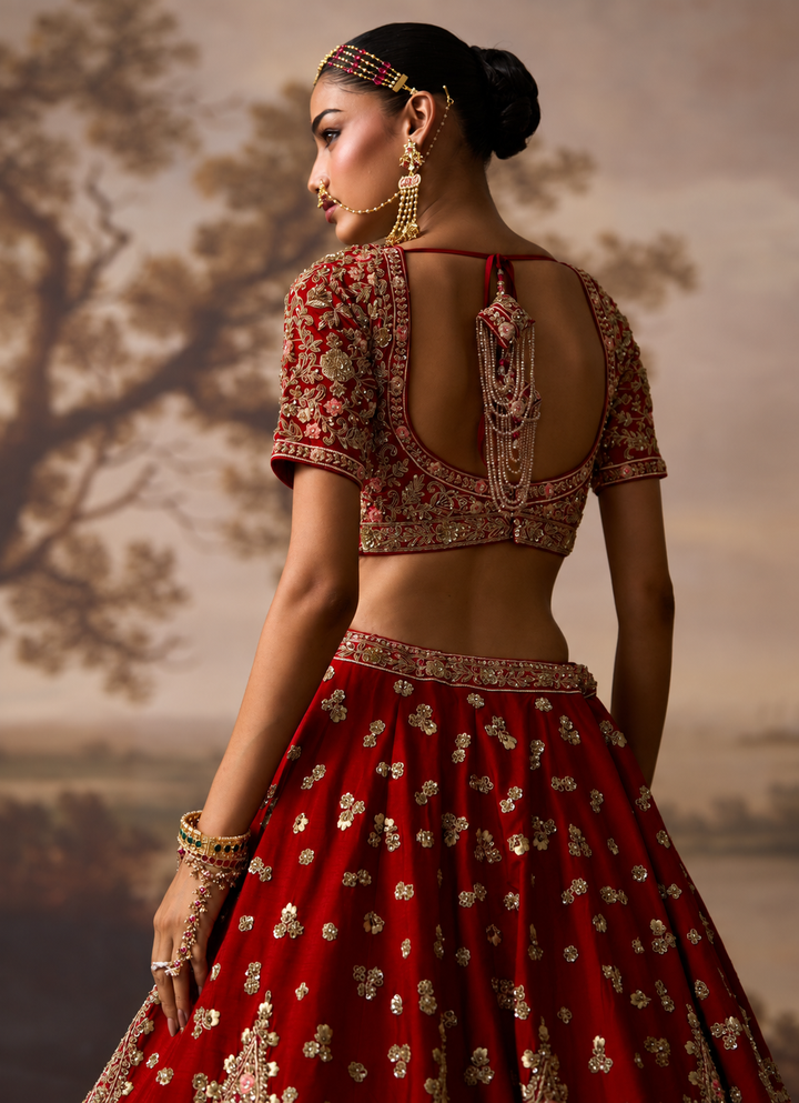 Crimson Red Raw Silk Double Dupatta Lehenga