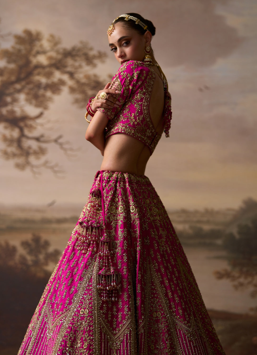 Hot Pink Embroidered Raw Silk Bridal Lehenga