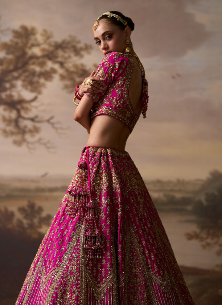 Hot Pink Embroidered Raw Silk Bridal Lehenga