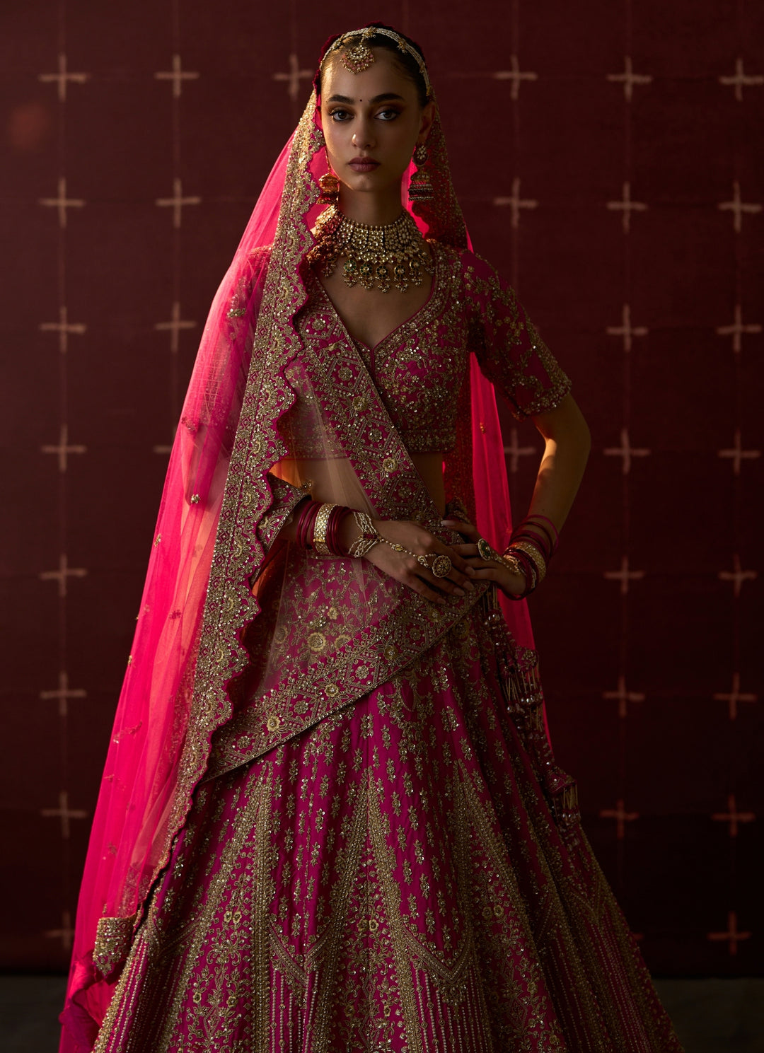 Hot Pink Embroidered Raw Silk Bridal Lehenga