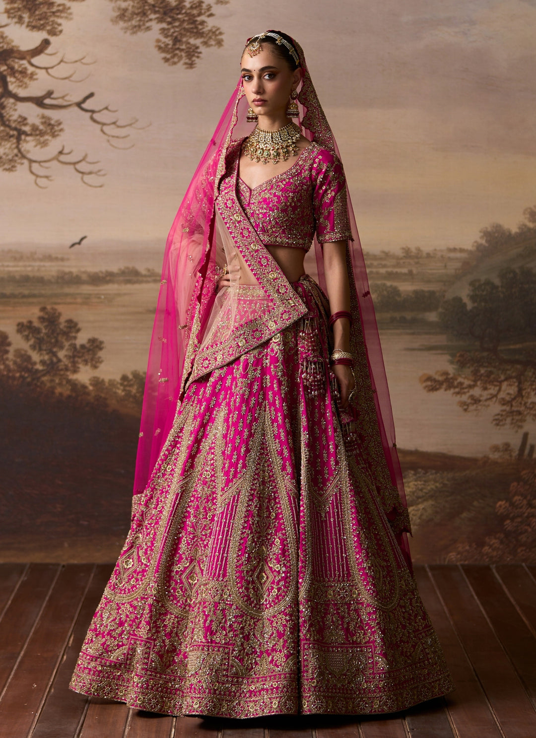 Hot Pink Embroidered Raw Silk Bridal Lehenga