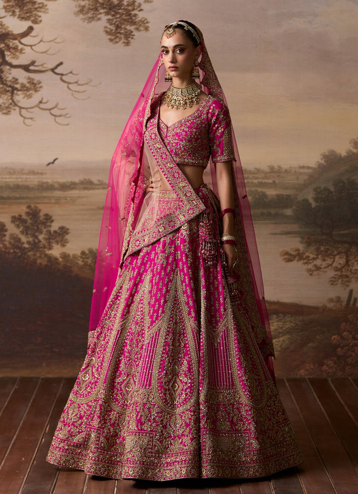 Hot Pink Embroidered Raw Silk Bridal Lehenga
