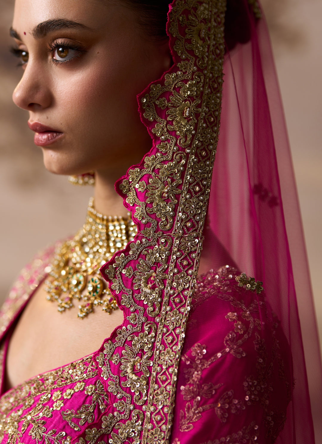 Hot Pink Embroidered Raw Silk Bridal Lehenga