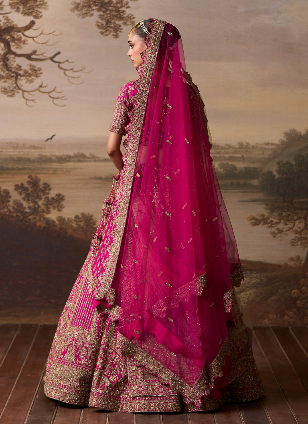 Hot Pink Embroidered Raw Silk Bridal Lehenga