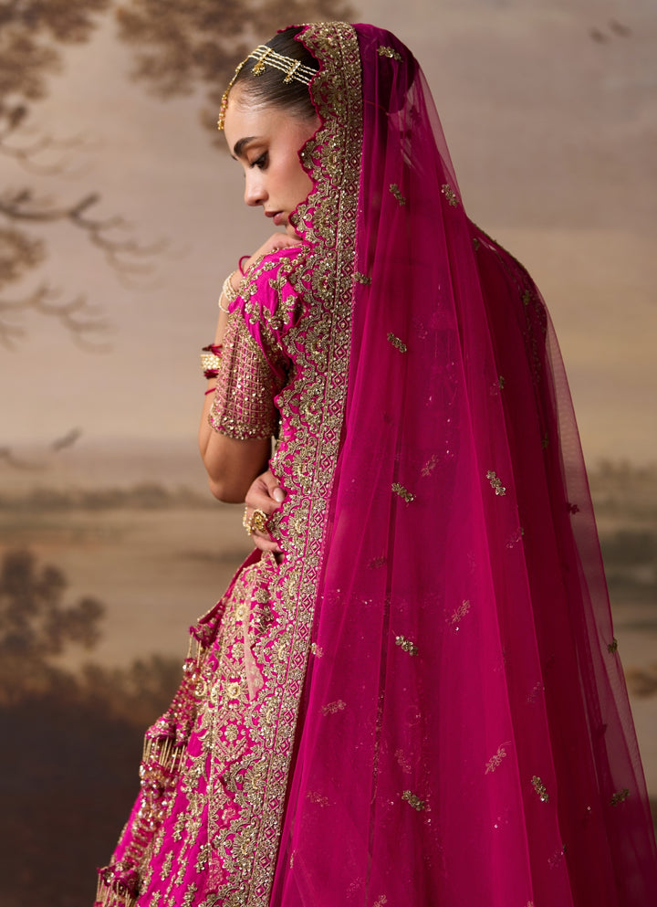 Hot Pink Embroidered Raw Silk Bridal Lehenga