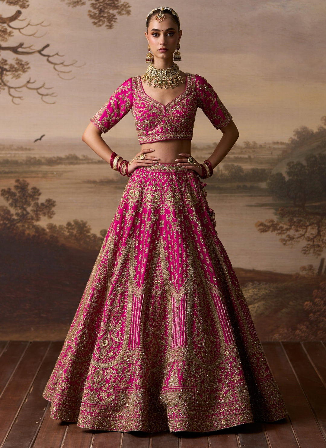 Hot Pink Embroidered Raw Silk Bridal Lehenga