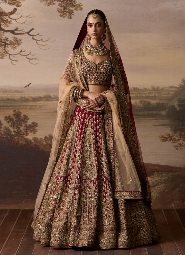 Maroon Red Raw Silk Double Dupatta Lehenga