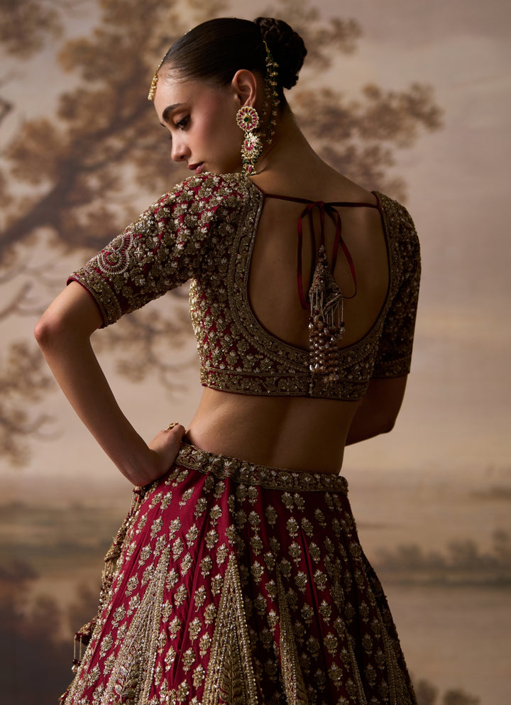 Maroon Red Raw Silk Double Dupatta Lehenga