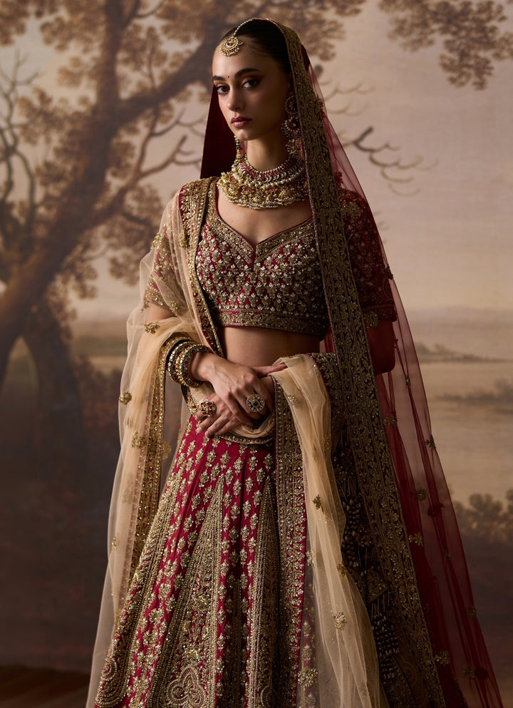 Maroon Red Raw Silk Double Dupatta Lehenga