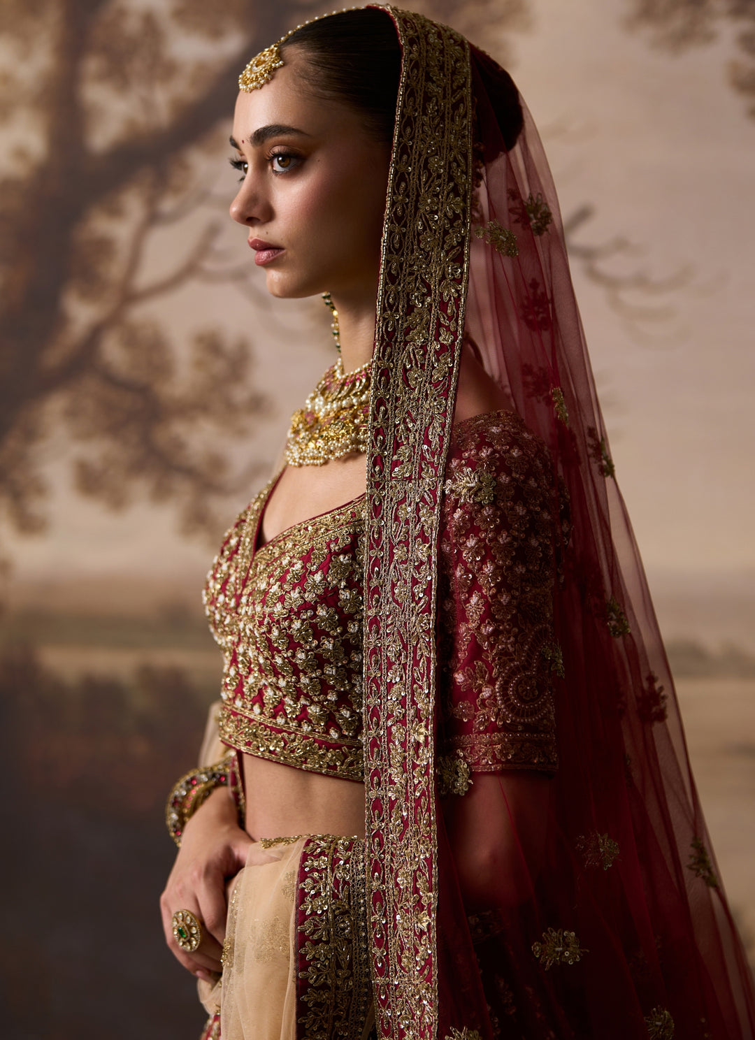 Maroon Red Raw Silk Double Dupatta Lehenga