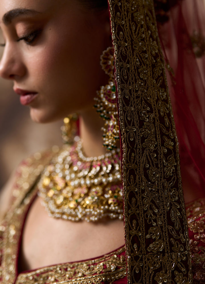 Maroon Red Raw Silk Double Dupatta Lehenga