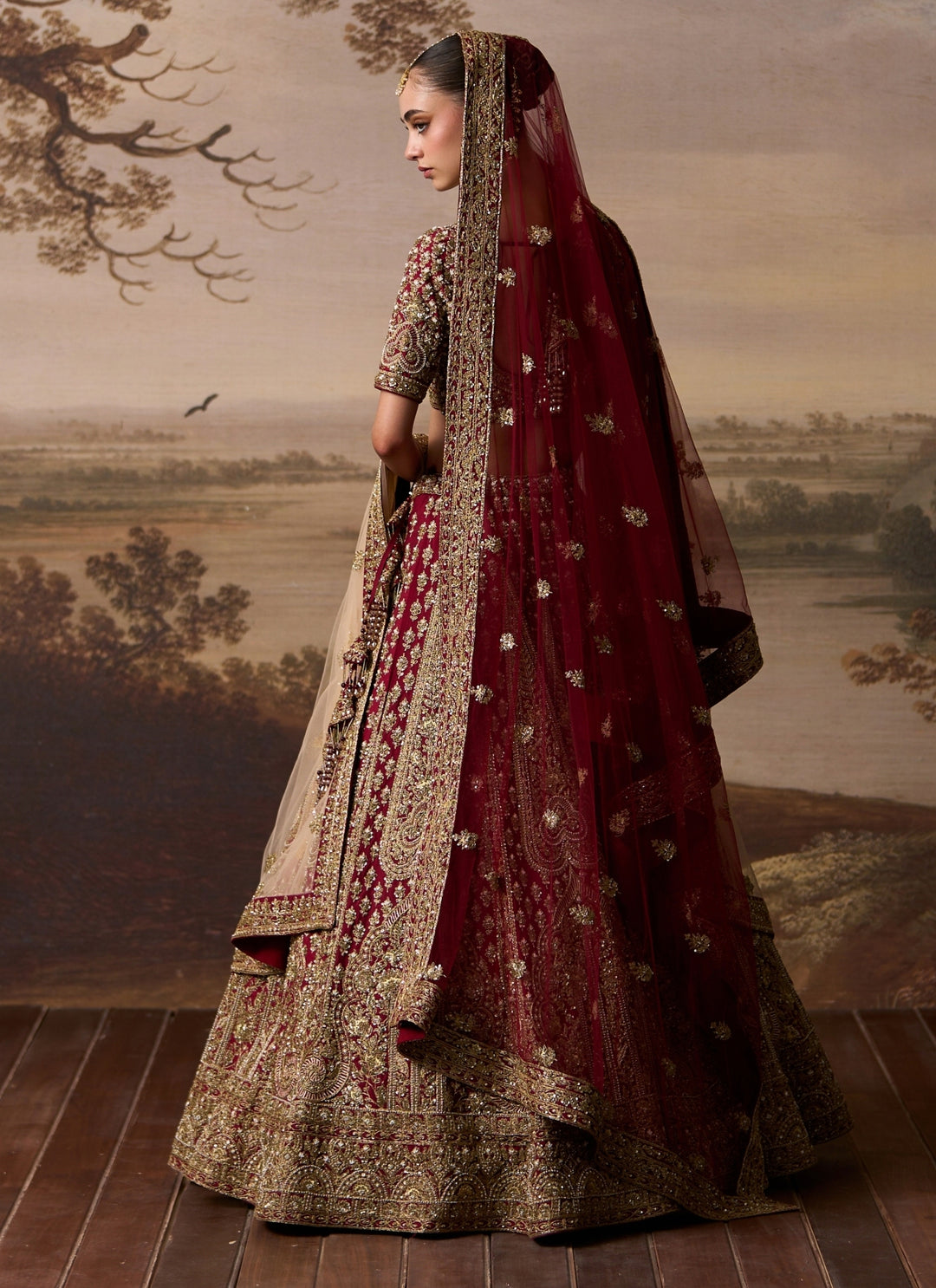 Maroon Red Raw Silk Double Dupatta Lehenga