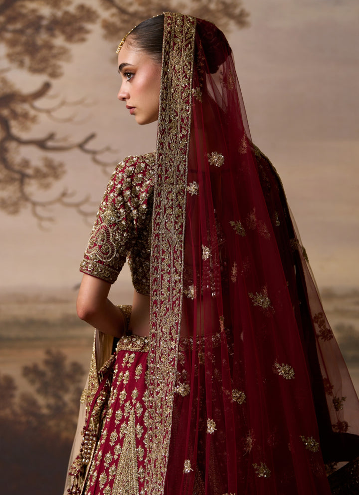 Maroon Red Raw Silk Double Dupatta Lehenga