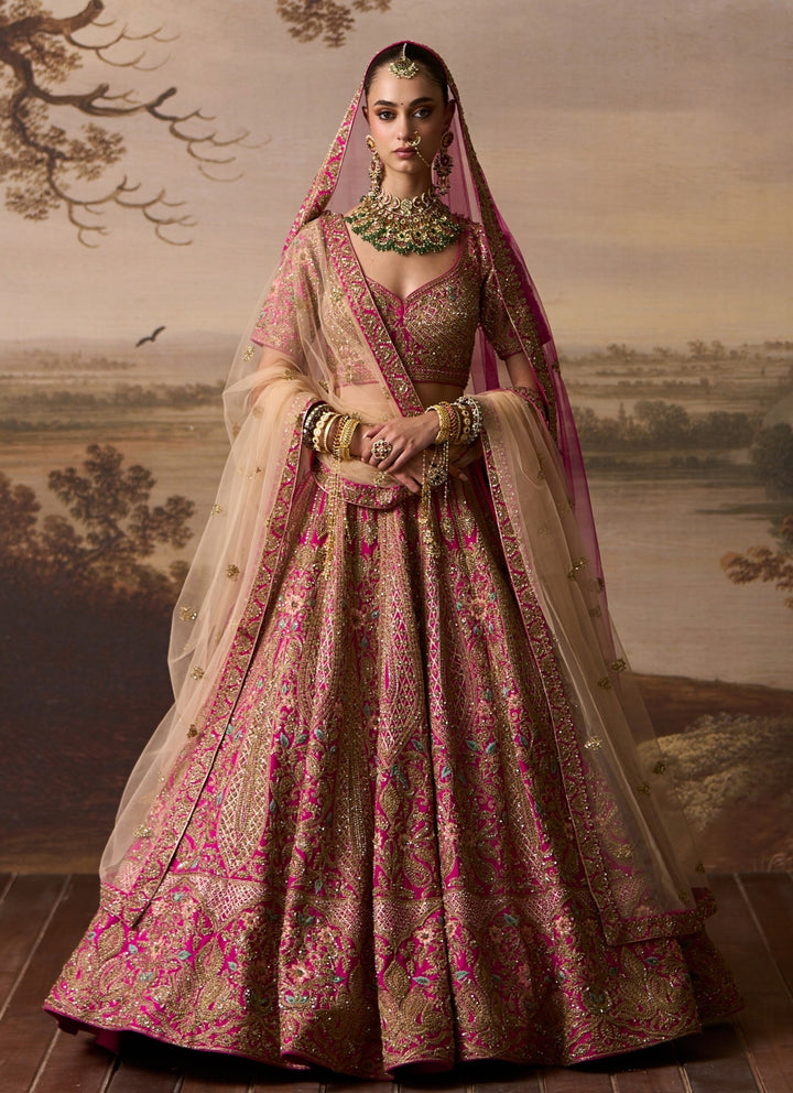 Hot Pink Raw Silk Double Dupatta Lehenga