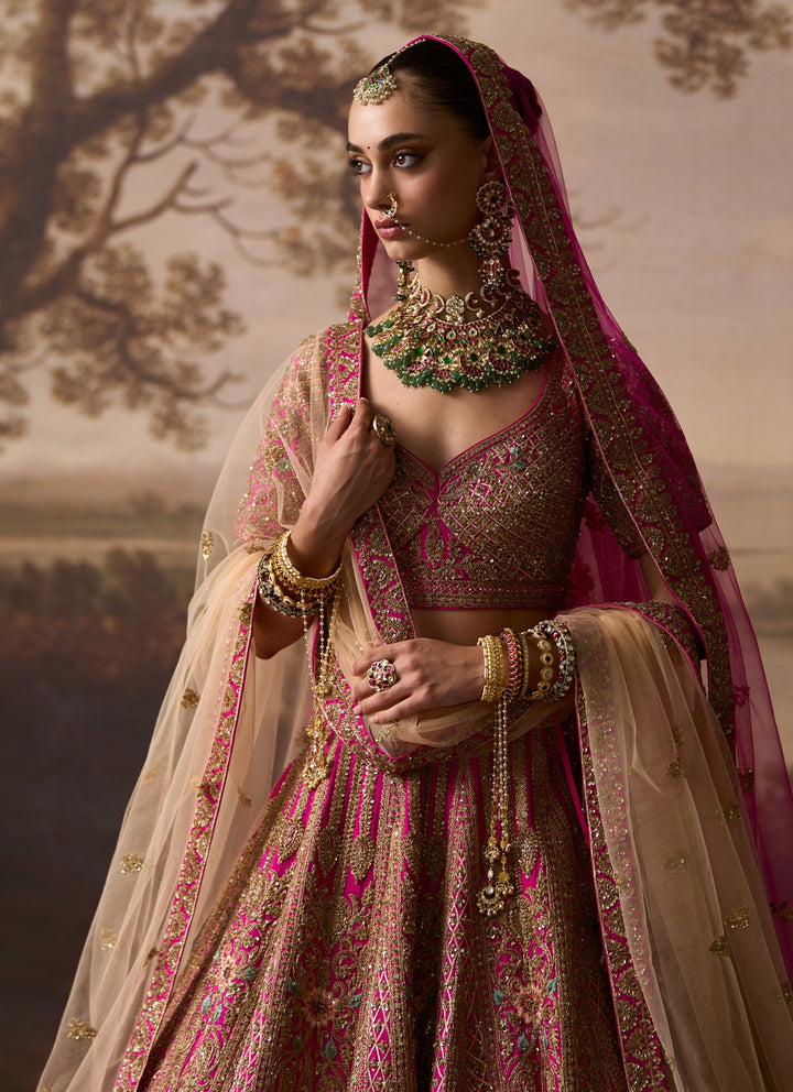 Hot Pink Raw Silk Double Dupatta Lehenga