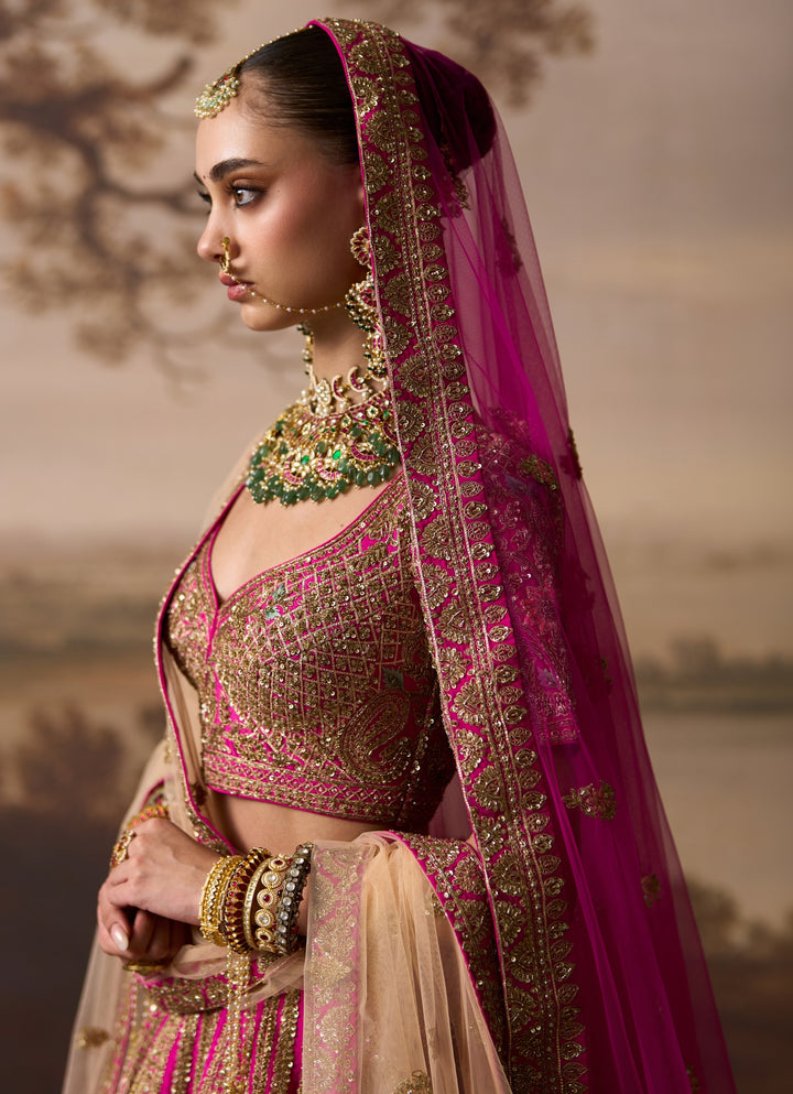 Hot Pink Raw Silk Double Dupatta Lehenga