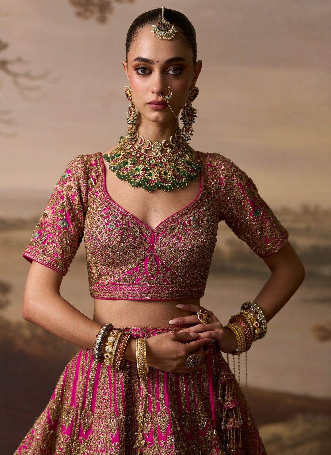 Hot Pink Raw Silk Double Dupatta Lehenga