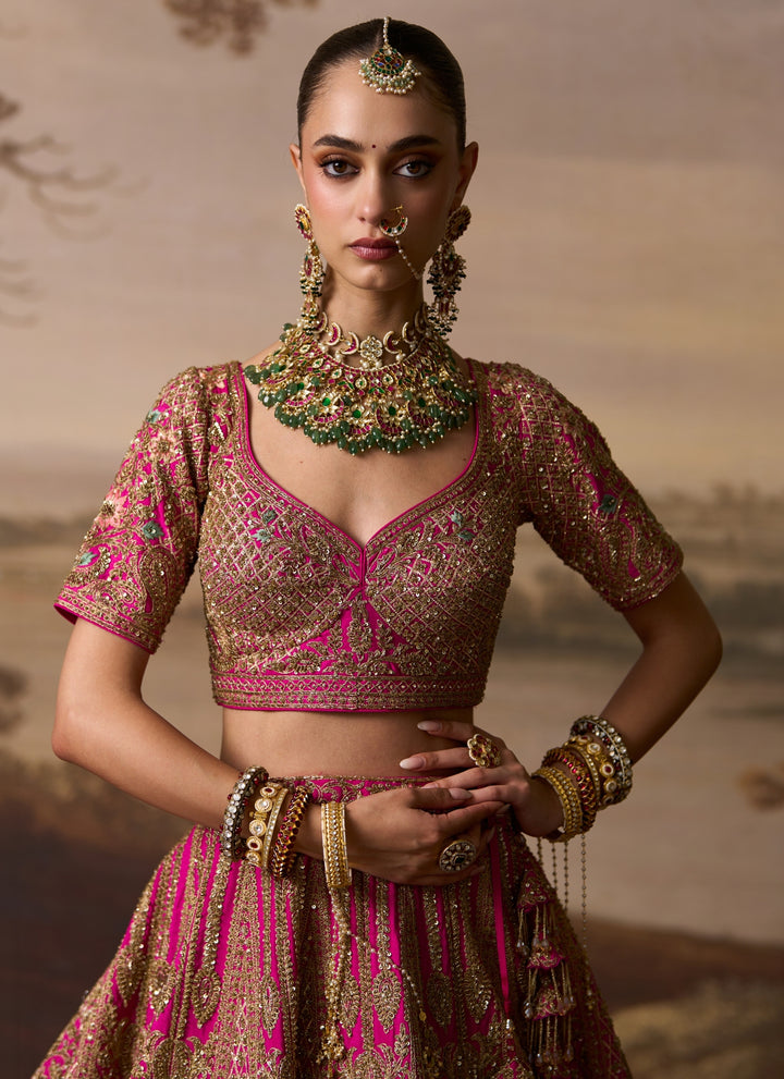Hot Pink Raw Silk Double Dupatta Lehenga