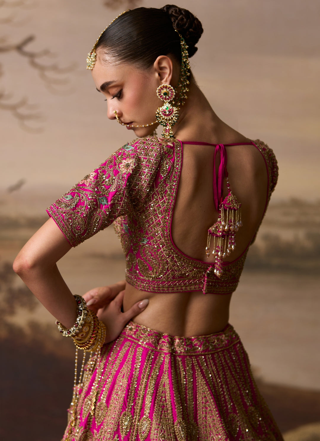 Hot Pink Raw Silk Double Dupatta Lehenga