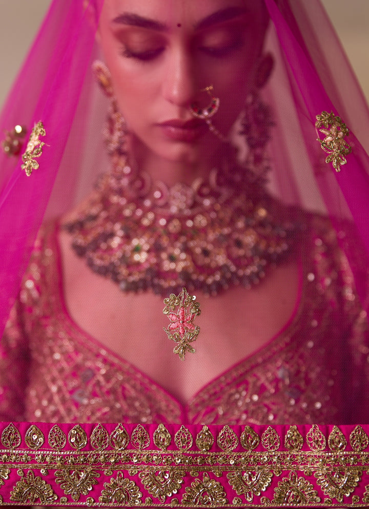 Hot Pink Raw Silk Double Dupatta Lehenga