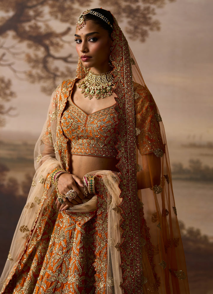 Rust Orange Raw Silk Double Dupatta Lehenga