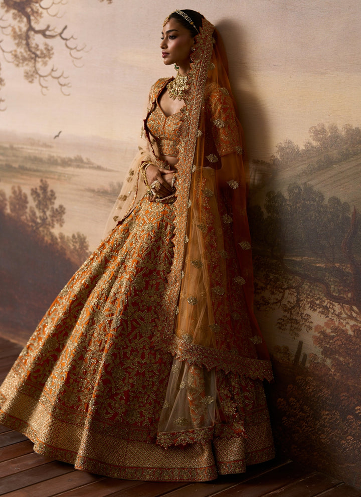 Rust Orange Raw Silk Double Dupatta Lehenga