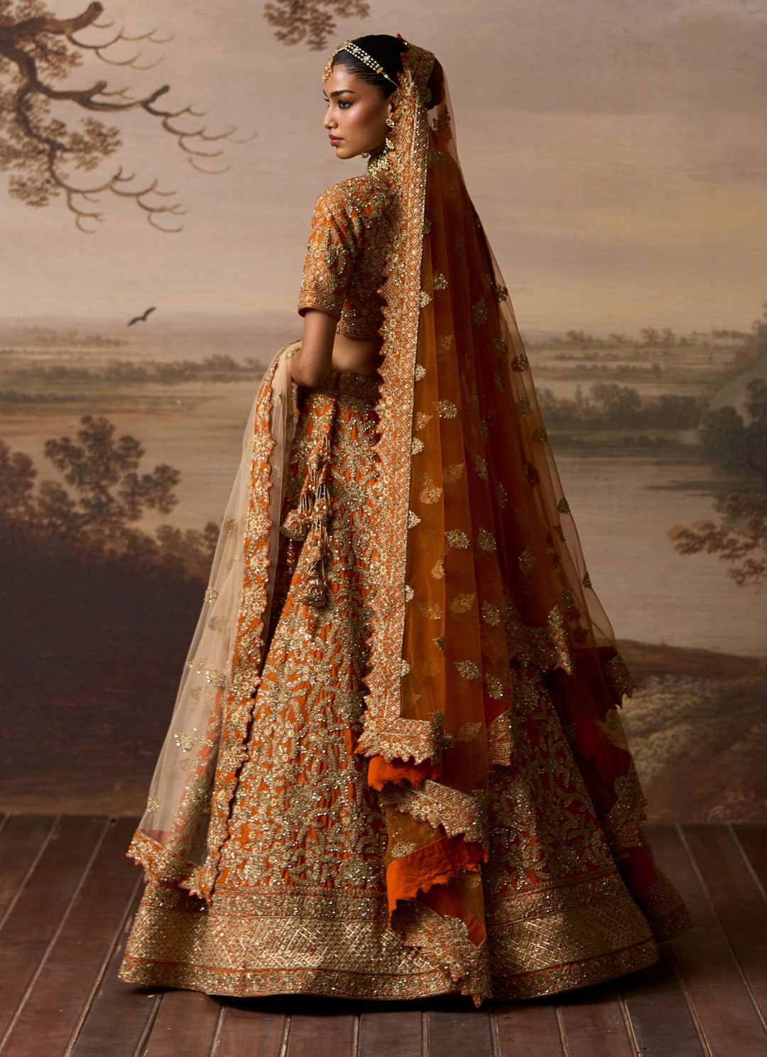 Rust Orange Raw Silk Double Dupatta Lehenga