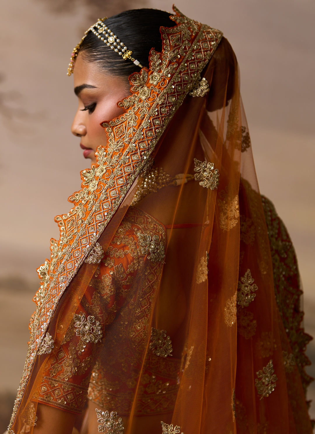 Rust Orange Raw Silk Double Dupatta Lehenga