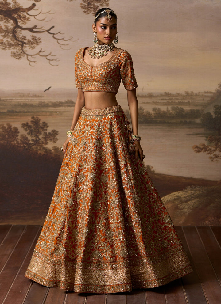 Rust Orange Raw Silk Double Dupatta Lehenga