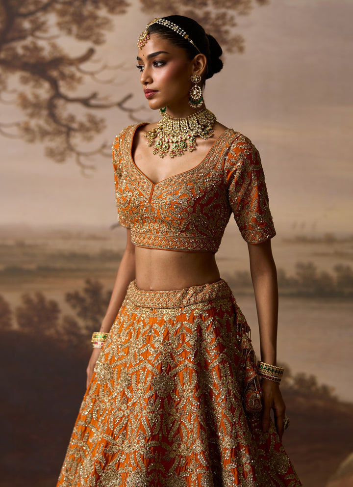 Rust Orange Raw Silk Double Dupatta Lehenga