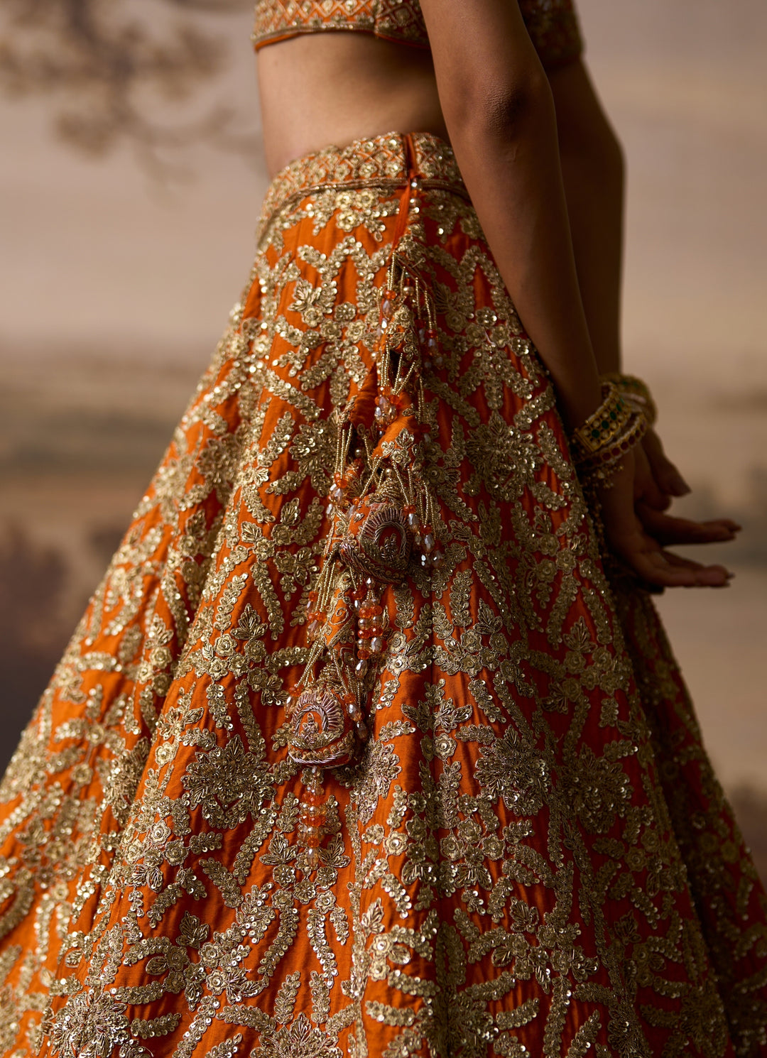 Rust Orange Raw Silk Double Dupatta Lehenga
