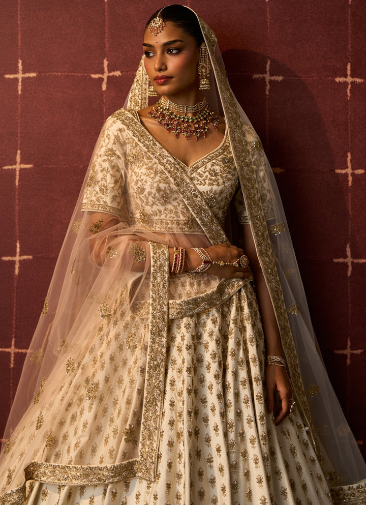 Ivory Embroidered Raw Silk Double Dupatta Lehenga