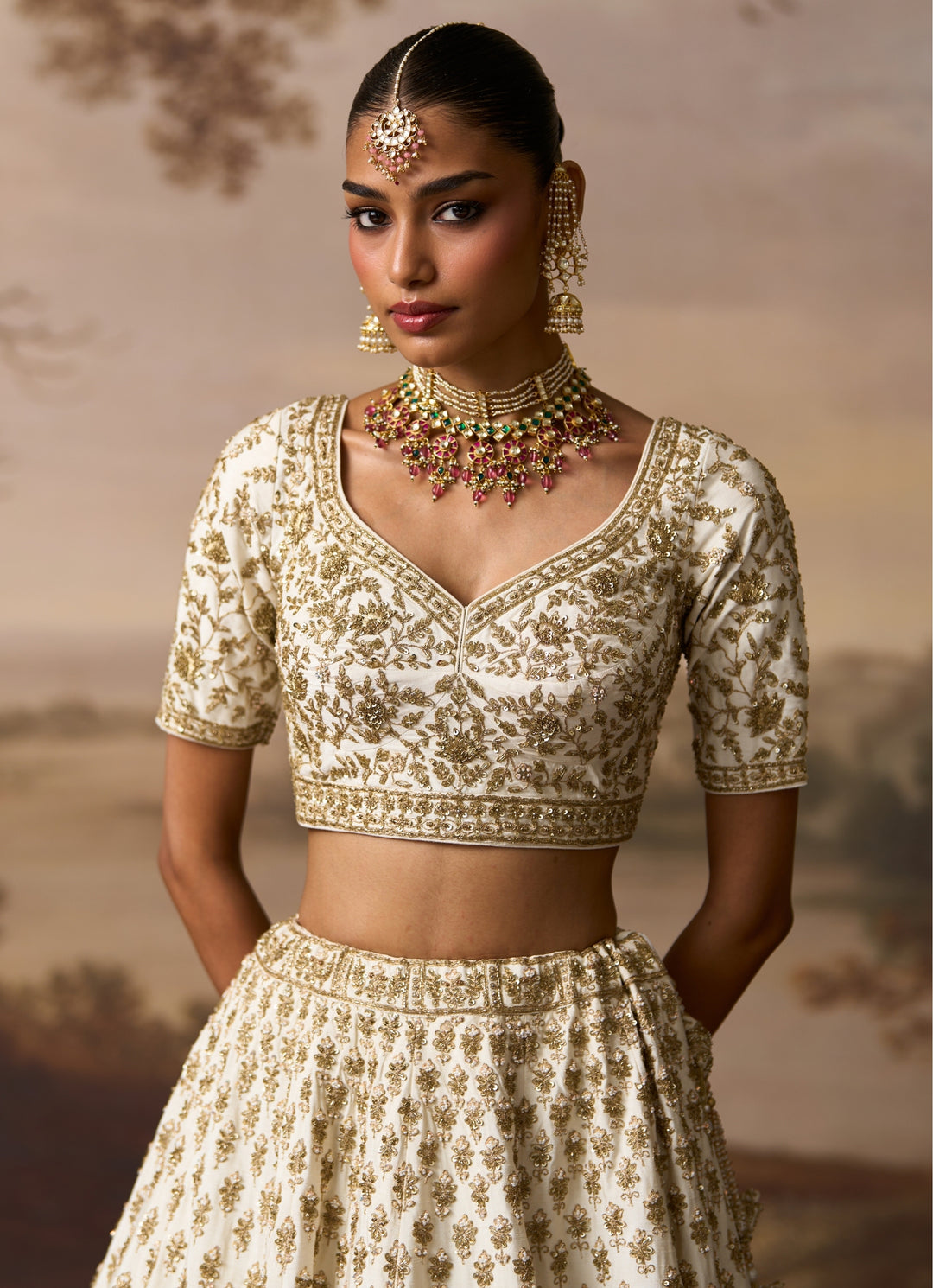 Ivory Embroidered Raw Silk Double Dupatta Lehenga