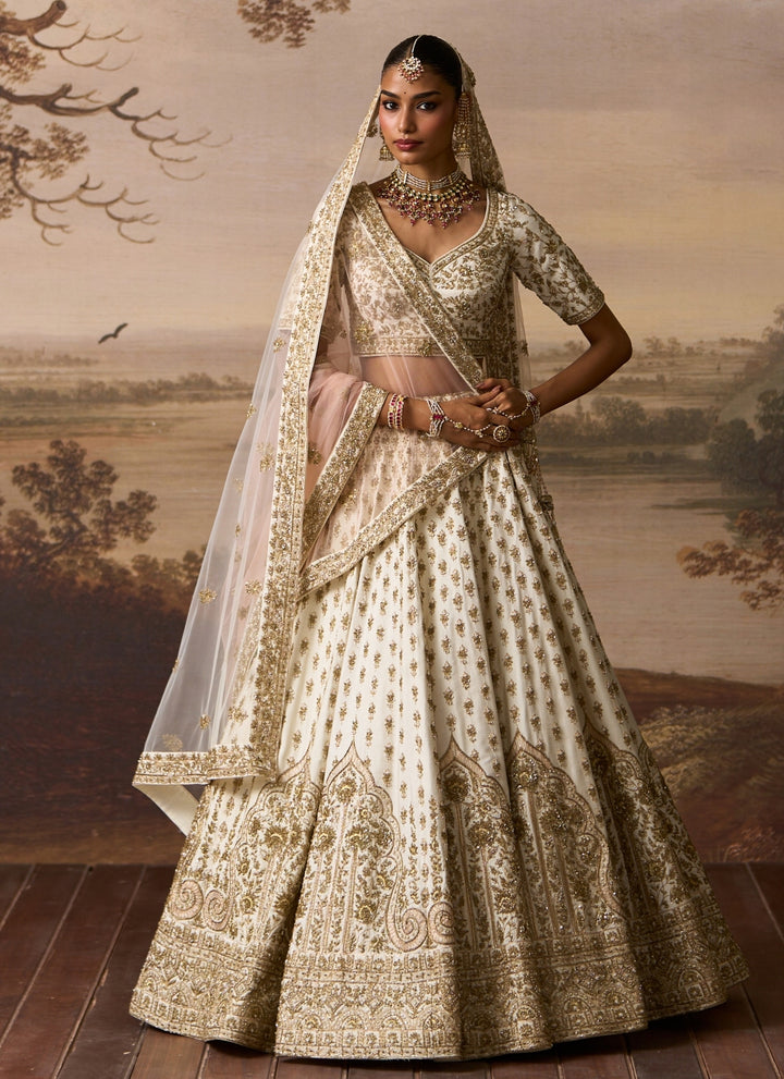 Ivory Embroidered Raw Silk Double Dupatta Lehenga