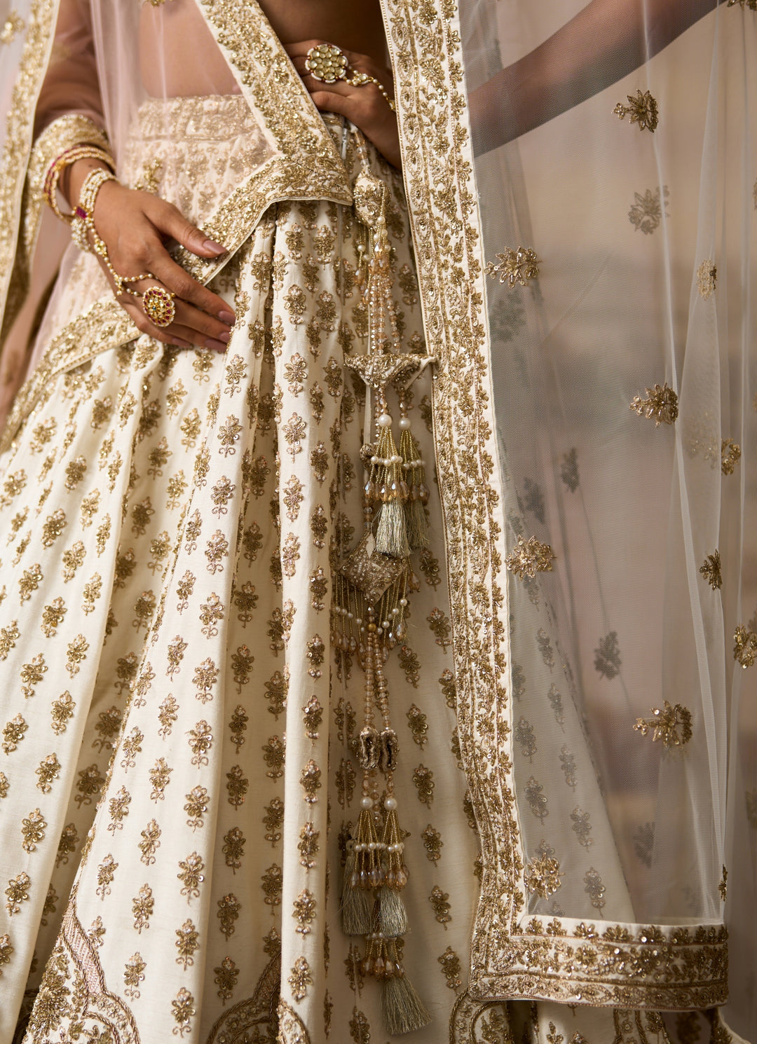 Ivory Embroidered Raw Silk Double Dupatta Lehenga