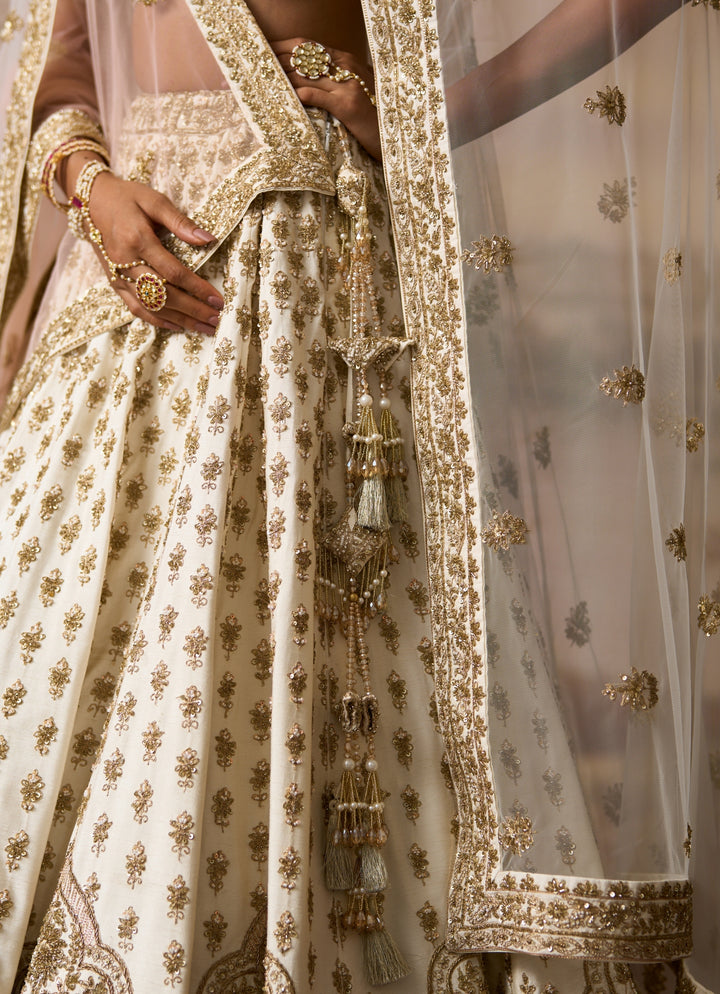 Ivory Embroidered Raw Silk Double Dupatta Lehenga