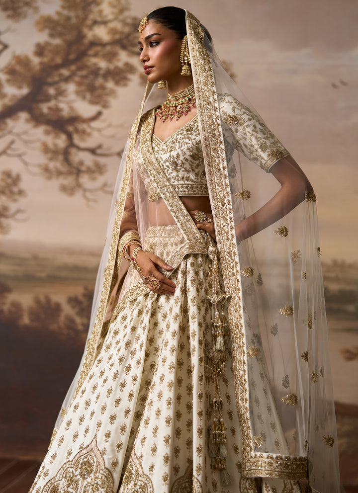 Ivory Embroidered Raw Silk Double Dupatta Lehenga