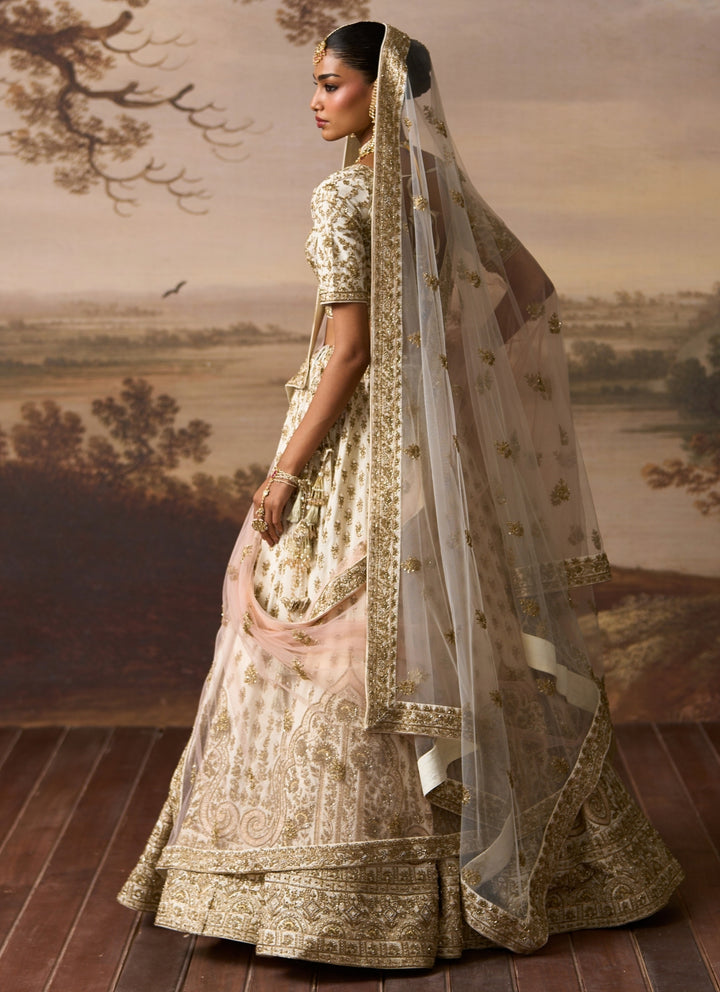 Ivory Embroidered Raw Silk Double Dupatta Lehenga