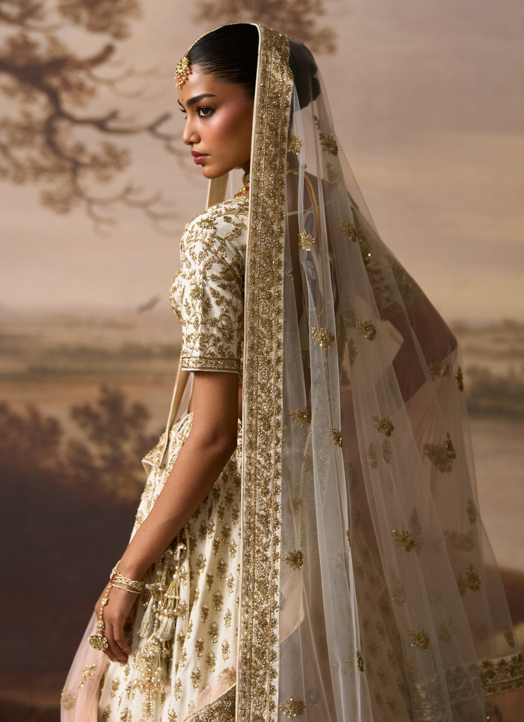 Ivory Embroidered Raw Silk Double Dupatta Lehenga