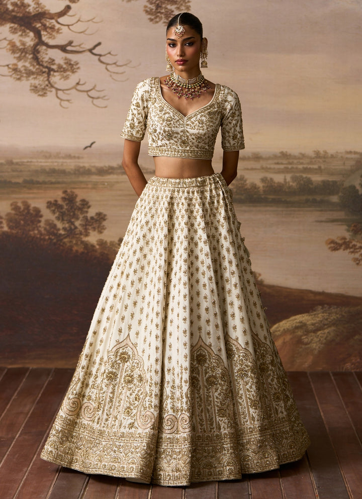 Ivory Embroidered Raw Silk Double Dupatta Lehenga