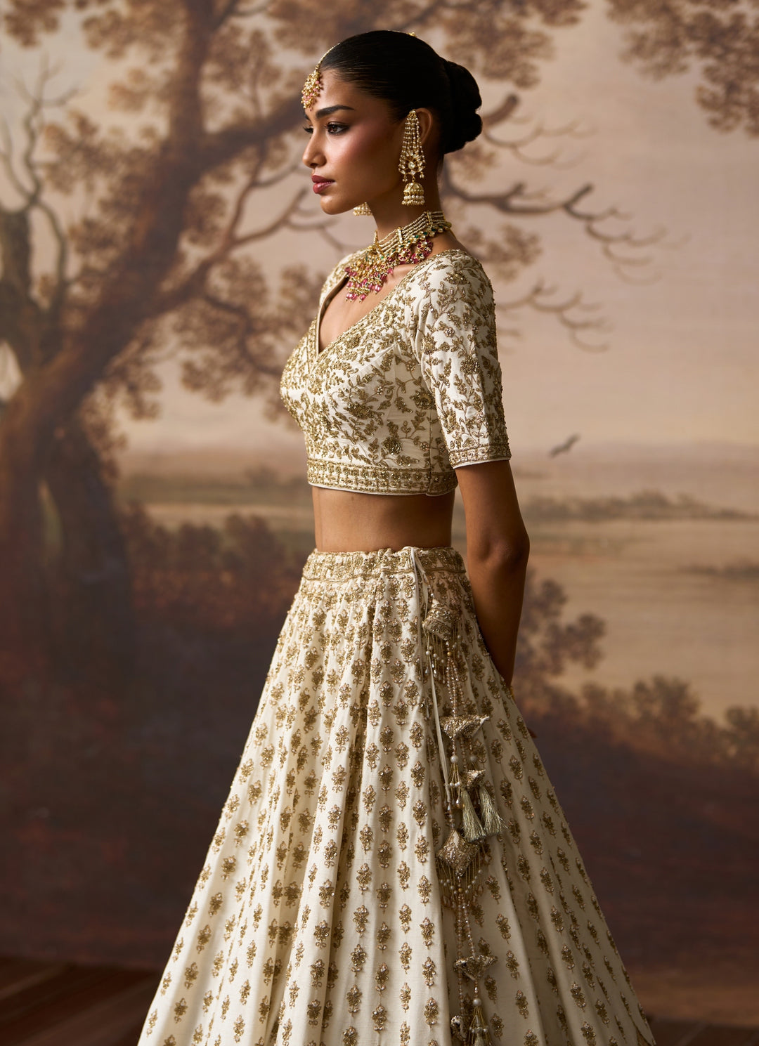 Ivory Embroidered Raw Silk Double Dupatta Lehenga