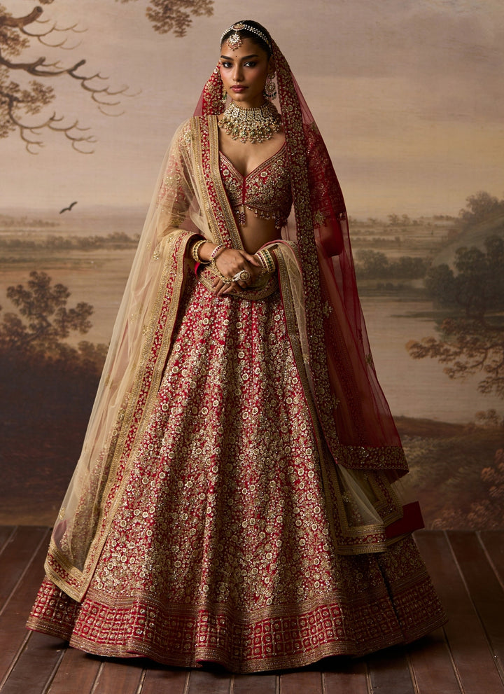 Deep Red Embroidered Raw Silk Bridal Lehenga