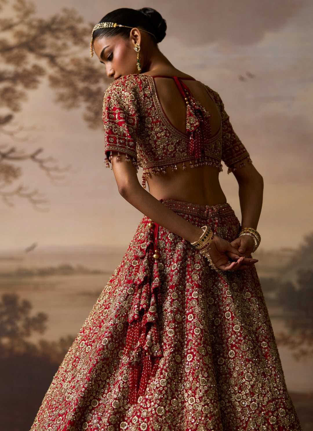 Deep Red Embroidered Raw Silk Bridal Lehenga