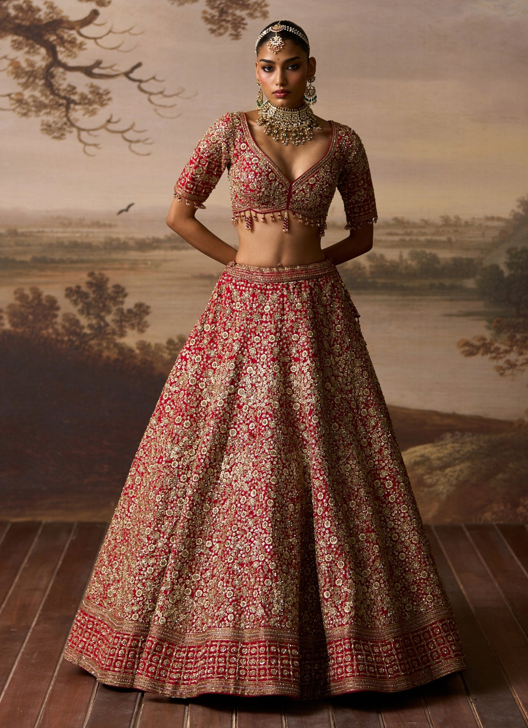 Deep Red Embroidered Raw Silk Bridal Lehenga