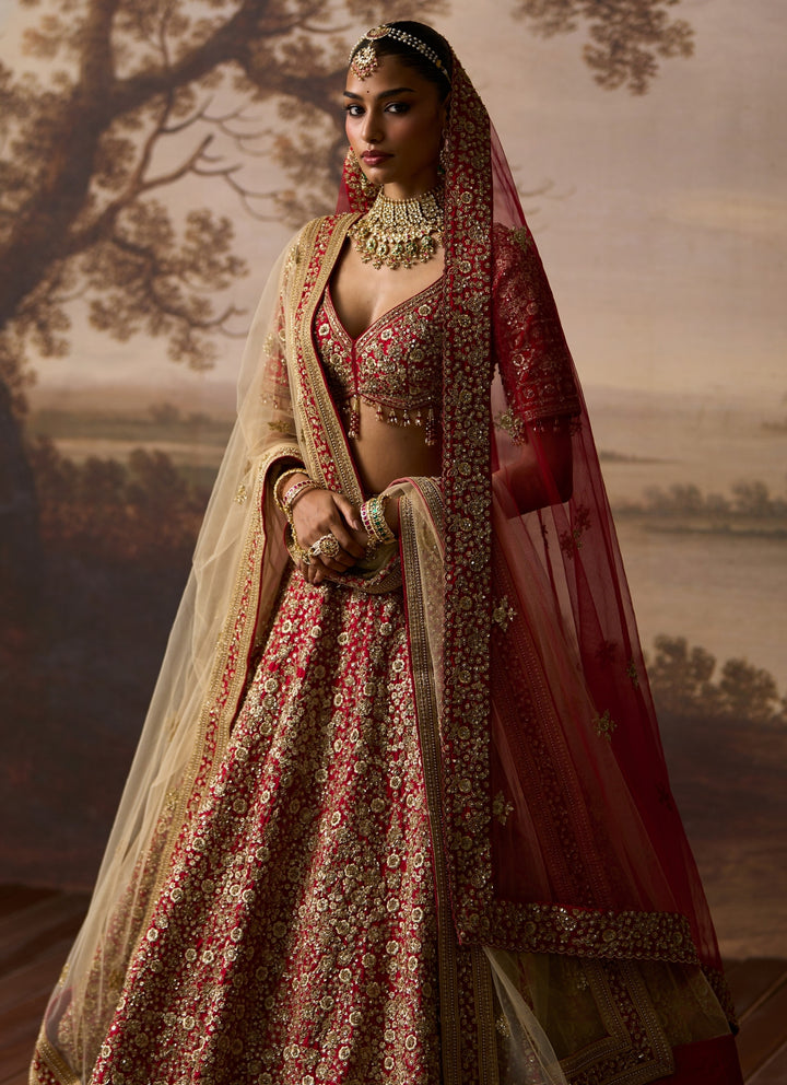 Deep Red Embroidered Raw Silk Bridal Lehenga