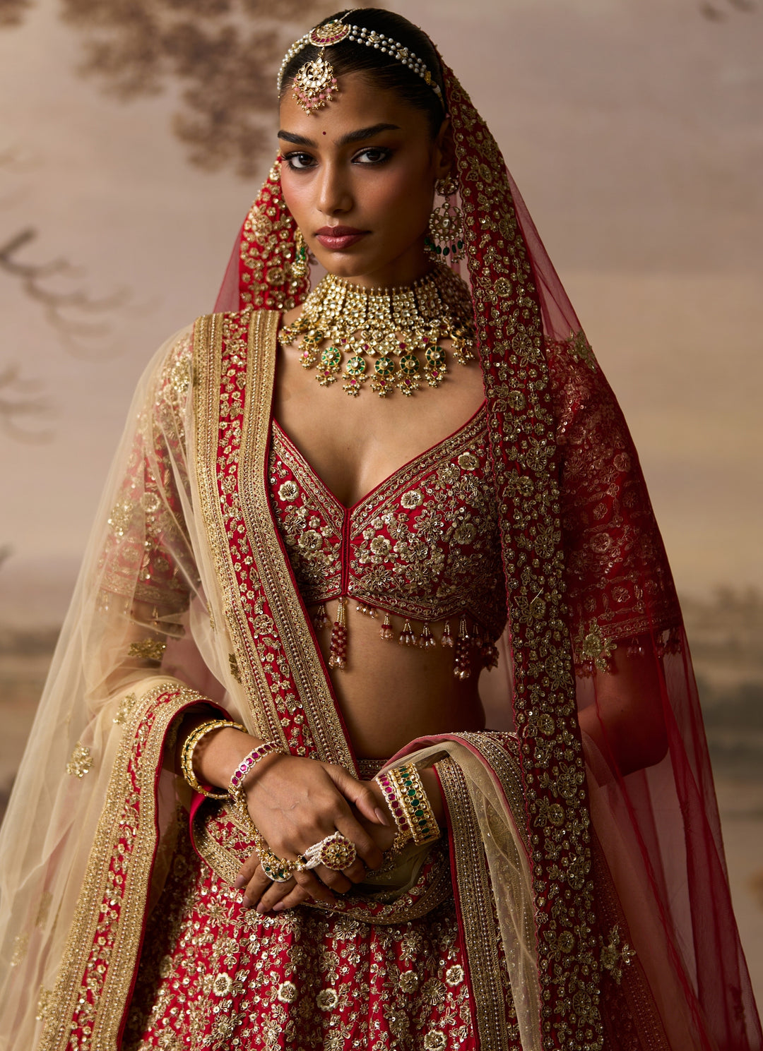 Deep Red Embroidered Raw Silk Bridal Lehenga