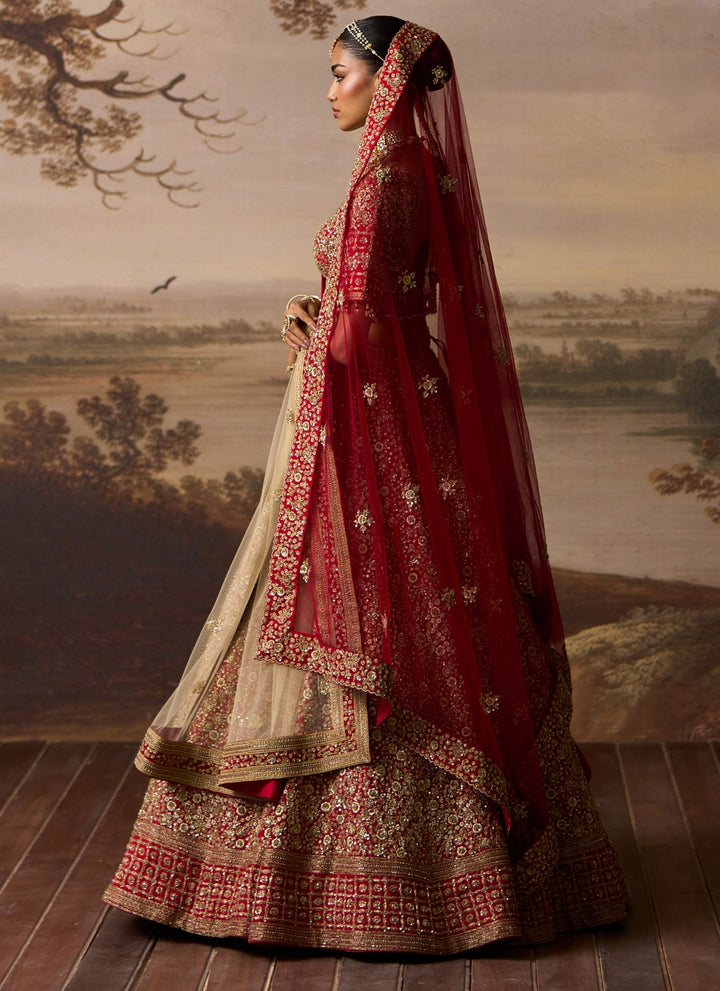 Deep Red Embroidered Raw Silk Bridal Lehenga